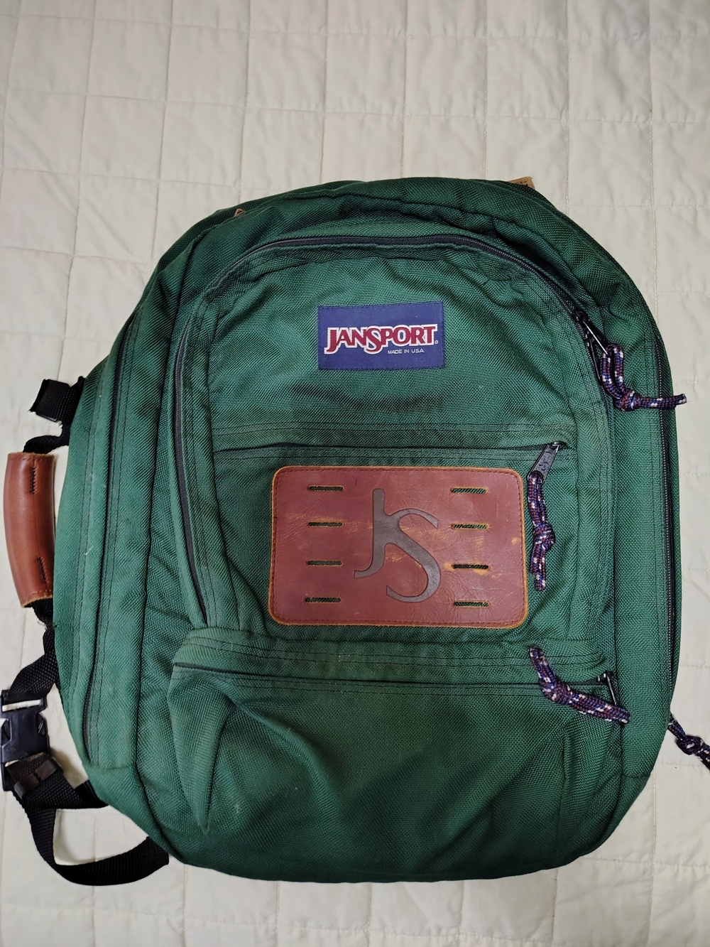 Vtg JanSport Made In USA Forest Green Convertible Backpack Duffel Bag Leather